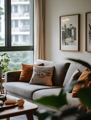 Modern living room with a grey couch, orange pillows, a coffee table, a plant, and framed artwork on the wall.