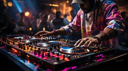 DJ performing at a lively event with colorful lighting and equipment.