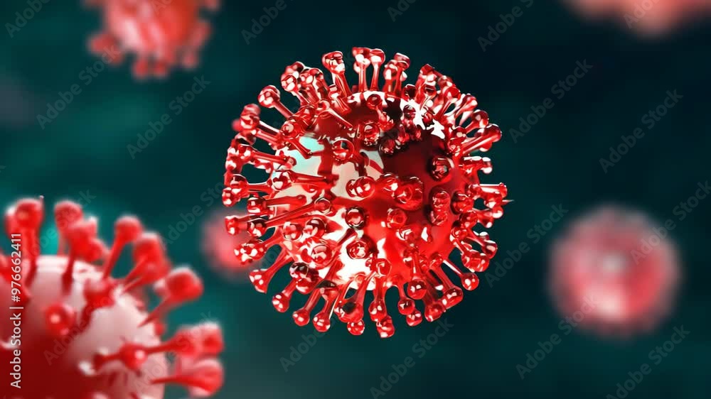 Poster striking 3d rendering presents a close-up view of a coronavirus particle in vibrant red, showcasing 