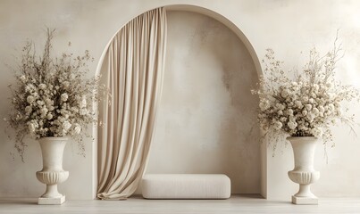 A minimalist archway with a white pedestal and beige curtains. Two vases with white flowers are on each side of the archway.