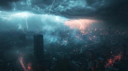 Nighttime skyline under a stormy sky, the environment charged with energy as lightning strikes with intense brightness