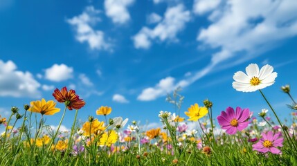 A field of flowers with a blue sky in the background