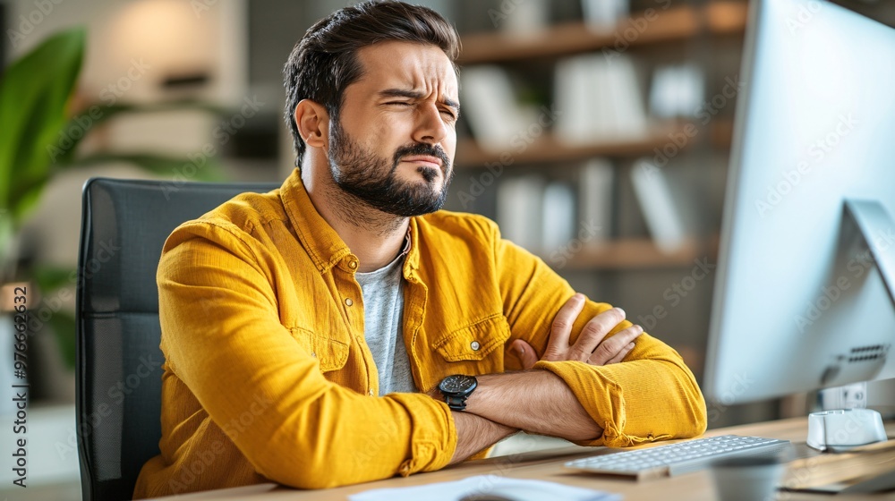 Poster a man sitting at a desk, massaging his wrist with a pained expression on his face. his computer and 