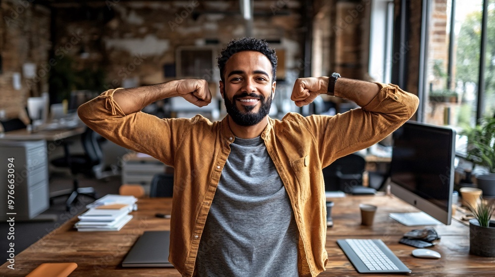 Poster An employee standing up and stretching beside their desk to relieve tension from sitting too long. The scene captures them doing simple exercises or stretches, focusing on proper ergonomics and