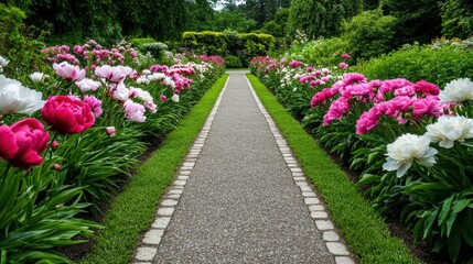 Obraz premium A path lined with pink and white flowers leads to a garden