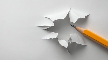 A yellow pencil is laying on a white surface, poking through a hole in the paper.