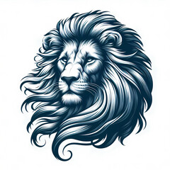 Stylized Illustration of a Majestic Lion with Flowing Mane in Blue Tones
