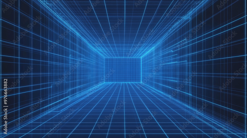 Poster metaverse vr wireframe room with a blue background. features a vector perspective grid and a futuris