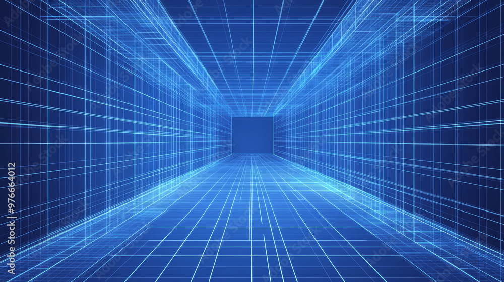 Poster metaverse vr wireframe room with a blue background. features a vector perspective grid and a futuris
