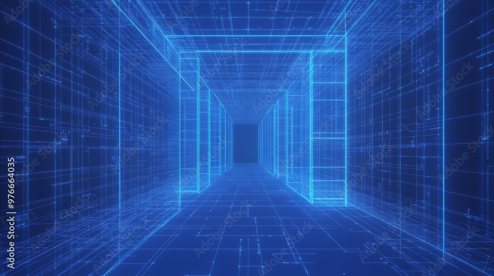 Poster metaverse vr wireframe room with a blue background. features a vector perspective grid and a futuris