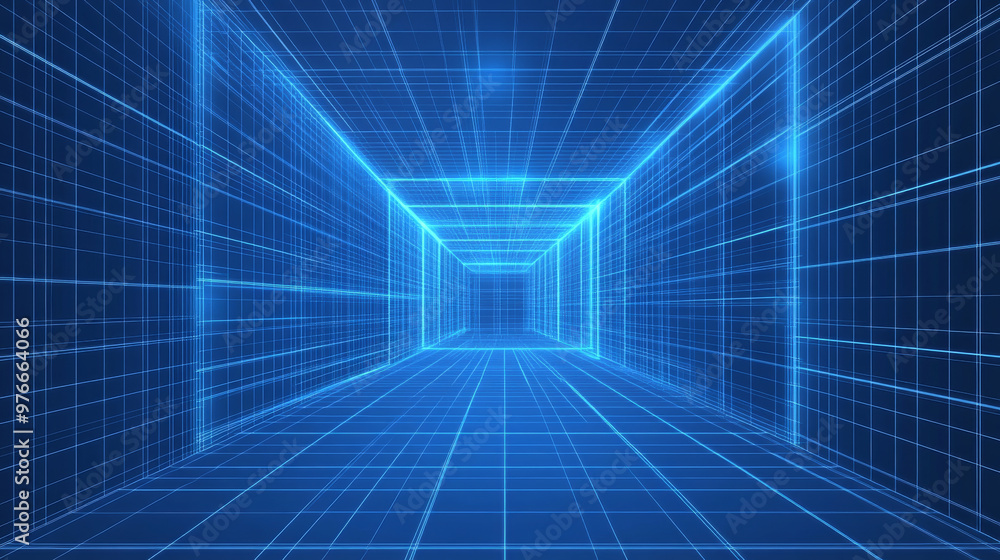Poster metaverse vr wireframe room with a blue background. features a vector perspective grid and a futuris