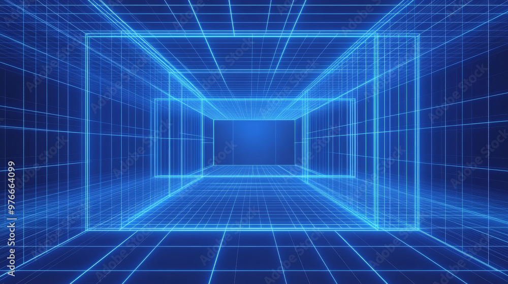 Poster metaverse vr wireframe room with a blue background. features a vector perspective grid and a futuris