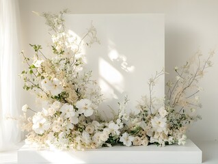 White flowers and greenery arranged in a semi-circle around a blank white canvas with sunlight shining through.