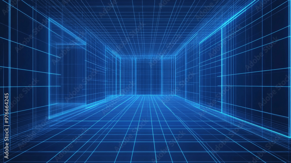 Poster metaverse vr wireframe room with a blue background. features a vector perspective grid and a futuris