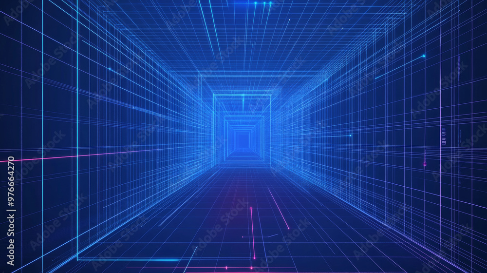 Poster metaverse vr wireframe room with a blue background. features a vector perspective grid and a futuris