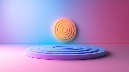 A 3D render of a blue and purple platform with an orange circle on the wall behind it.