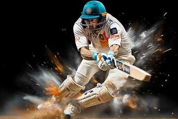A cricketer in action, swinging a bat amidst dynamic effects.