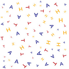 Many letters T H A are scattered, many colors