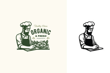 A Chef with Toque Hat Write a Menu Recipe Ingredients with Several Fresh Vegetables for Healthy Organic Vegan logo design