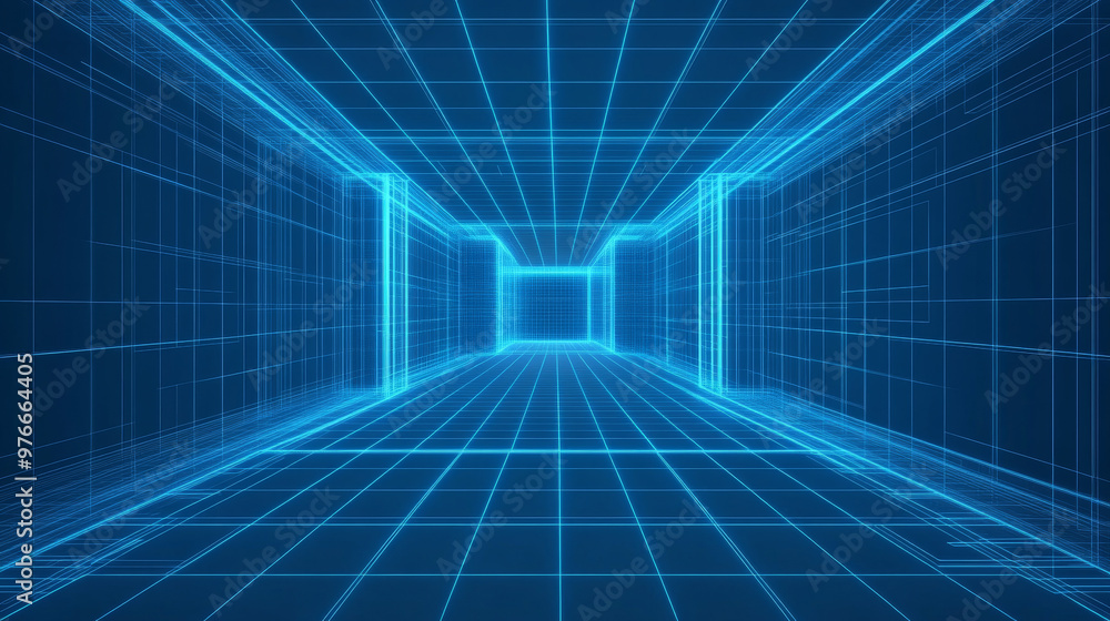 Poster metaverse vr wireframe room with a blue background. features a vector perspective grid and a futuris
