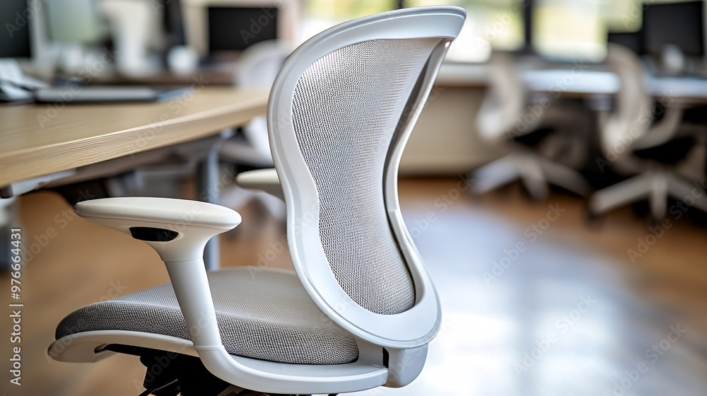 Poster a close-up of an adjustable office chair with lumbar support, showing how its design encourages prop