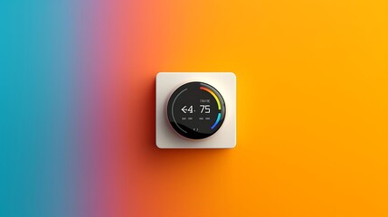 A modern thermostat displaying temperature settings on a colorful background.