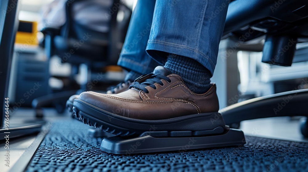 Poster a close-up of an ergonomic footrest under a desk, supporting an employees feet while they work. the 