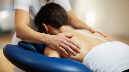 A man sitting in an ergonomic office chair, receiving a seated massage from a therapist to relieve tension in his shoulders. The office setting emphasizes a balance between work and self-care, with