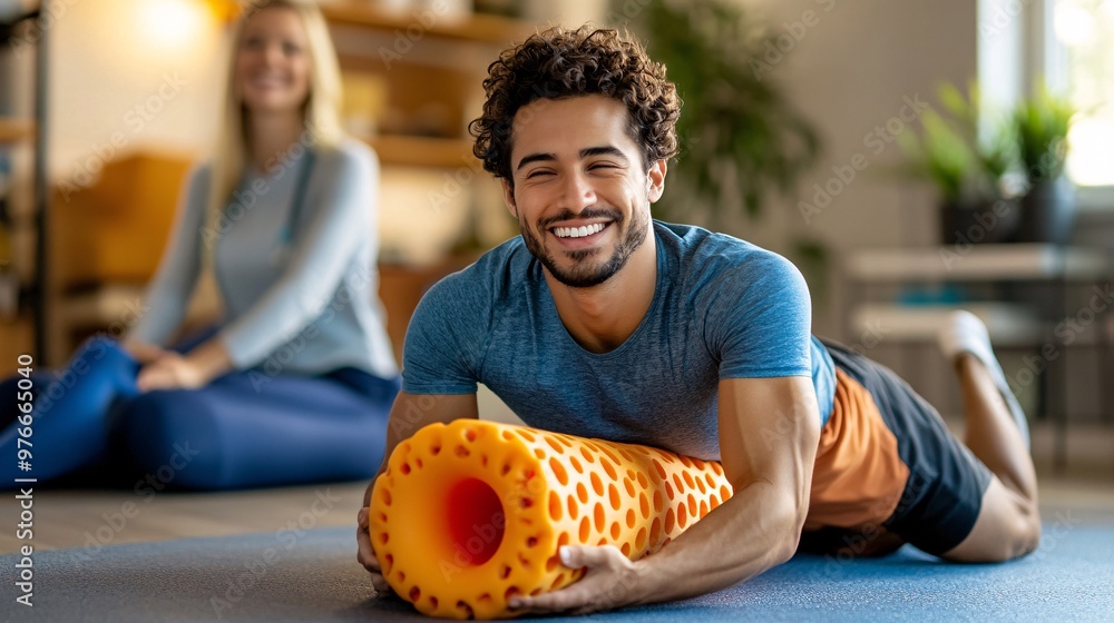 Poster a physical therapist instructing a patient on how to use a foam roller to relieve tension in the low