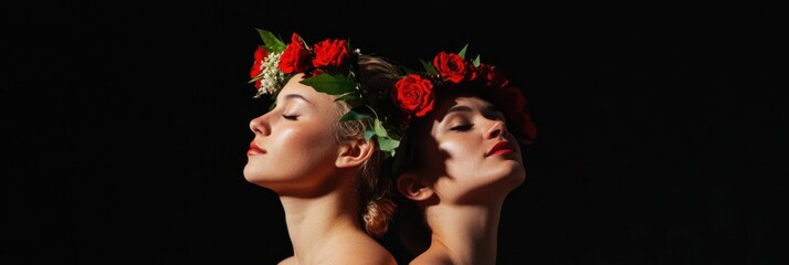 Two individuals are seen wearing red floral crowns, standing back to back against a black background, evoking themes of unity and natural beauty.