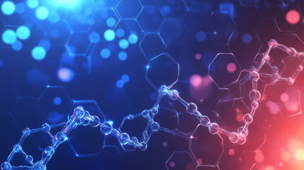 Molecular structure background for science-themed wallpaper or banners, featuring DNA molecules. Abstract design with hexagons, wave flow, and illustrative elements.