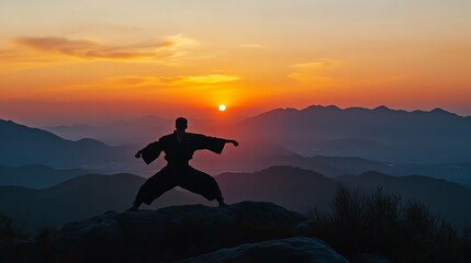 A man is practicing martial arts on a mountaintop at sunset.
