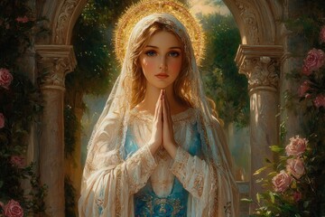 The virgin mary praying in a rose garden