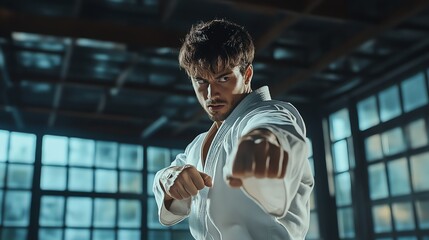 A man in a karate uniform is practicing a punch.