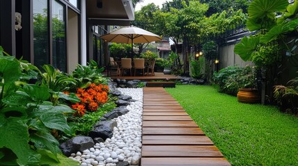 Wooden garden walkway leading to outdoor patio furniture with umbrella