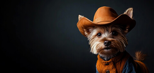 A playful dog dressed in a cowboy hat and outfit, exuding charm and personality against a dark backdrop.