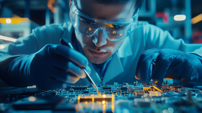 A focused technician is working on circuit board, wearing protective goggles and gloves, showcasing precision in electronics repair. environment is illuminated with blue hue, enhancing technical atmos