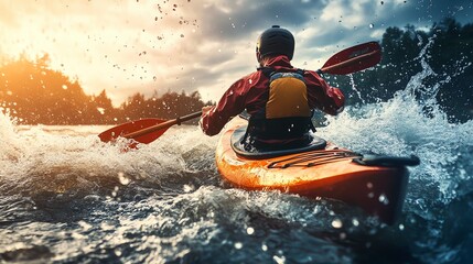A person paddles a kayak through whitewater rapids with a sunset in the background.