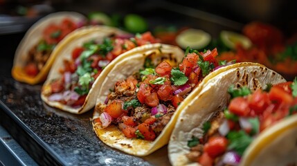 Delicious chicken tacos lying on baking sheet waiting to be served