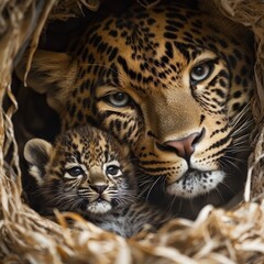 Obraz premium Leopard mother showing tenderness to her cub