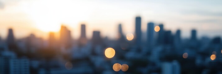 A blurred city skyline viewed during sunset with bright light spots scattered throughout the image. Represents urban life and modern cityscapes with a touch of mystery.