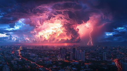 Fototapeta premium Skyline engulfed in a massive lightning storm, the city below illuminated by the bright flashes of light