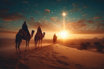 Three wise men following the star of bethlehem at sunset