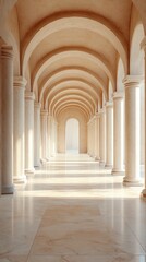 Obraz premium Sunlight illuminating a palace hallway with marble columns