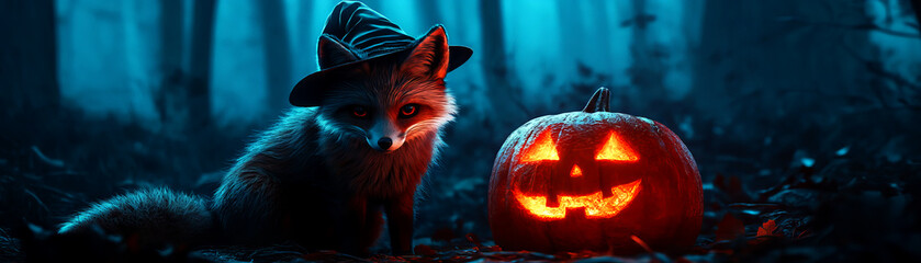 Naklejka premium A whimsical fox wearing a witch's hat sits beside a glowing pumpkin in a mystical forest during Halloween night.