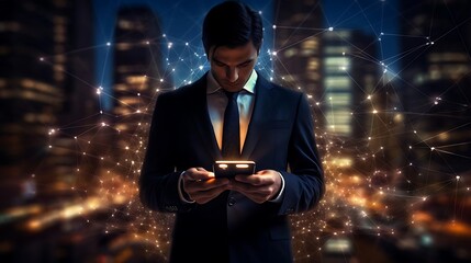 Fototapeta premium A businessman using a smartphone in a cityscape at night.