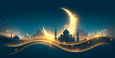 A crescent moon shines brightly in the night sky above a cityscape of mosques. Ramadan background