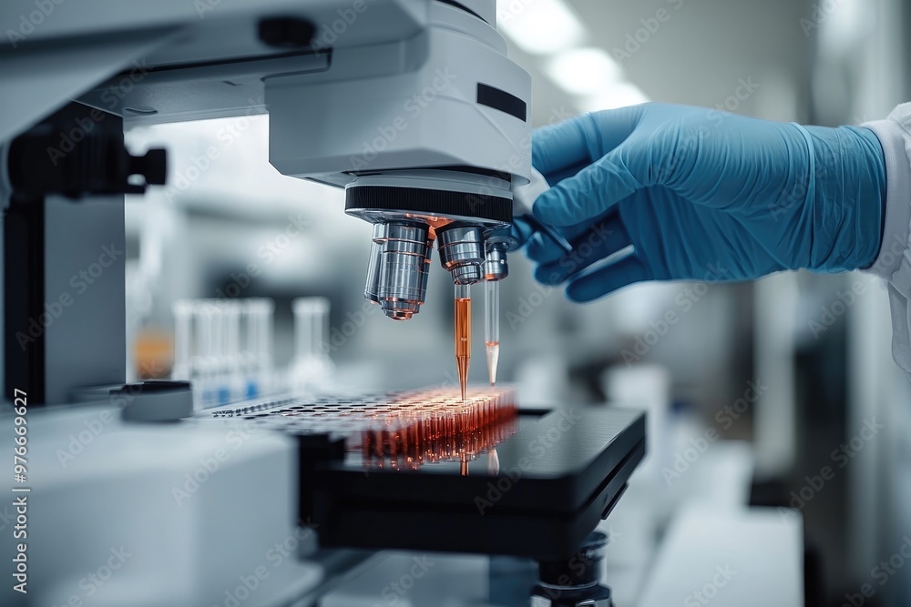 Aufkleber Scientist using microscope analyzing test samples in a modern laboratory