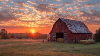 Obraz premium Red barn standing in field at sunset with golden hay bale