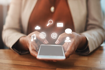 Hands, business and woman with cellphone, icon and message for contact, texting and social media. Closeup, person and consultant with smartphone, hologram and connection with app for communication